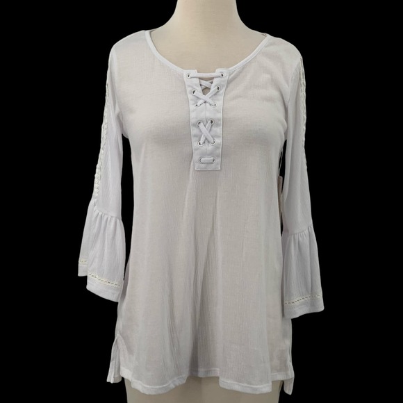 NWT French Laundry 3/4 Bell Sleeve Pullover‎ Lace Up Top White Embroidered Sz S - Picture 1 of 10